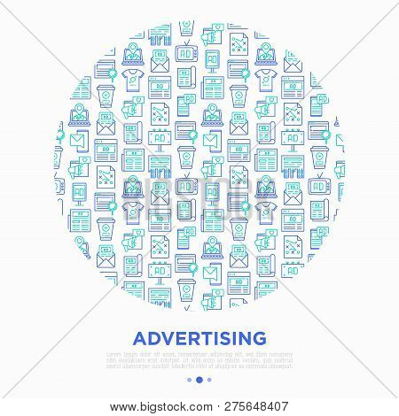 Advertising Concept In Circle With Thin Line Icons: Billboard, Street Ads, Newspaper, Magazine, Prod