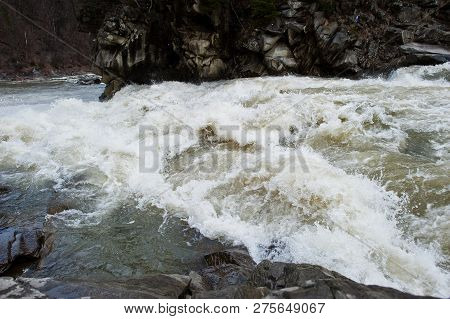 Incredible And Stormy Prut River At Carpathian Mountains, Jaremcze Resort, Ukraine, Europe.