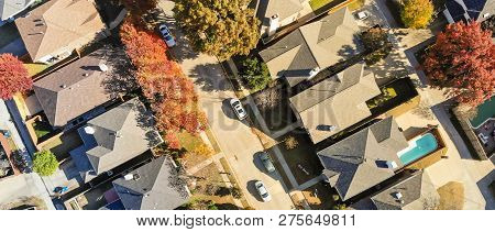 Panoramic Aerial View Urban Subdivision Houses With Pool And Autumn Leaves Near Dallas