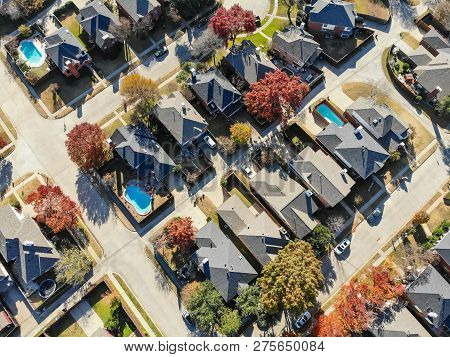 Aerial View Suburban Subdivision With Dead-end Street And Colorful Leaves Near Dallas