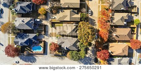 Panoramic Aerial View Urban Subdivision Houses With Pool And Autumn Leaves Near Dallas