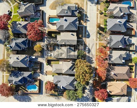 Aerial View Urban Subdivision Houses With Pool And Autumn Leaves Near Dallas