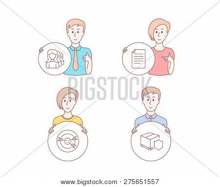 People Hand Drawn Style. Set Of Women Headhunting, File And Targeting Icons. Delivery Insurance Sign