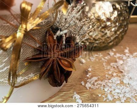 Autiful Festive Christmas Composition, Cotton, Cinnamon, Lime In A Box. Natural And Organic Christma