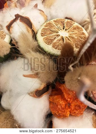 Autiful Festive Christmas Composition, Cotton, Cinnamon, Lime In A Box. Natural And Organic Christma