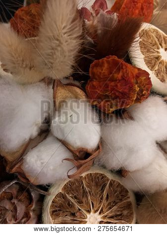 Autiful Festive Christmas Composition, Cotton, Cinnamon, Lime In A Box. Natural And Organic Christma