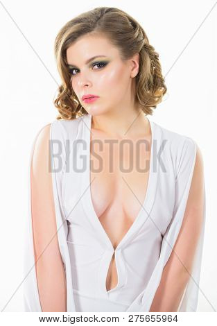 Girl Makeup And Vintage Hairstyle Wear Dress With Decollete. Lady Attractive Sexy Model. Attractive 