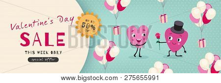 Valentines Day Sale, Advertising Banner With Funny Cartoon Hearts, Vector Illustration
