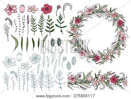Floral Set With Wreath, Endless Brush And Isolated Odjects