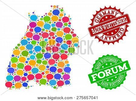 Social Network Map Of Baden-wurttemberg State And Distress Stamp Seals In Red And Green Colors. Mosa