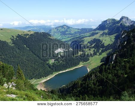 Alpine Lake Fahlensee In Mountain Range Alpstein - Canton Of Appenzell Innerrhoden, Switzerland