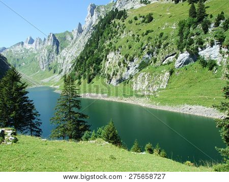Alpine Lake Fahlensee In Mountain Range Alpstein - Canton Of Appenzell Innerrhoden, Switzerland