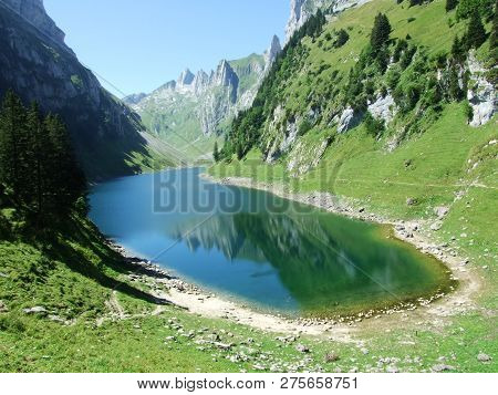 Alpine Lake Fahlensee In Mountain Range Alpstein - Canton Of Appenzell Innerrhoden, Switzerland