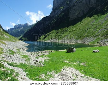 Alpine Lake Fahlensee In Mountain Range Alpstein - Canton Of Appenzell Innerrhoden, Switzerland