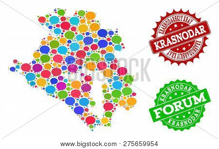 Social Network Map Of Krasnodarskiy Kray And Distress Stamp Seals In Red And Green Colors. Mosaic Ma