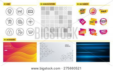 Seamless Pattern. Shopping Sale Banners. Set Of Stock Analysis, Parcel Delivery And Education Icons.