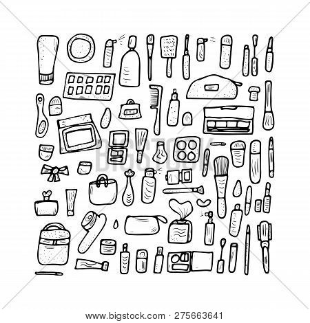 Vector Beauty Items. Set Of Doodle Style Cosmetic Tools. Makeup Collection.
