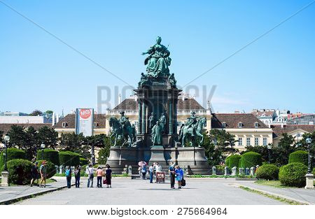 Vienna - June 21, 2017: Group Tourist And Local People At Empress Maria Theresien Denkmal Monument I