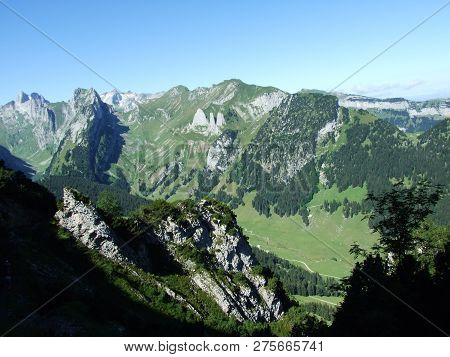 View To The Peaks Fahlenalp Over The Fahlensee Lake In The Mountain Mass Alpstein - Canton Of Appenz