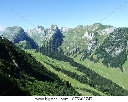 View To The Peaks Fahlenalp Over The Fahlensee Lake In The Mountain Mass Alpstein - Canton Of Appenz