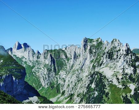 View To The Peaks Fahlenalp Over The Fahlensee Lake In The Mountain Mass Alpstein - Canton Of Appenz