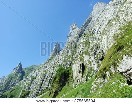 View To The Peaks Fahlenalp Over The Fahlensee Lake In The Mountain Mass Alpstein - Canton Of Appenz