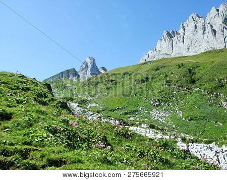 View To The Peaks Fahlenalp Over The Fahlensee Lake In The Mountain Mass Alpstein - Canton Of Appenz