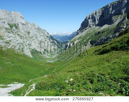 View To The Peaks Fahlenalp Over The Fahlensee Lake In The Mountain Mass Alpstein - Canton Of Appenz