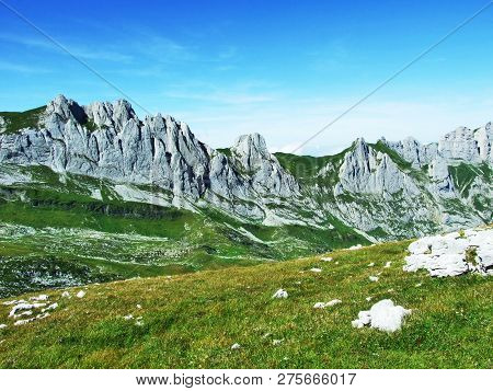View To The Peaks Fahlenalp Over The Fahlensee Lake In The Mountain Mass Alpstein - Canton Of Appenz