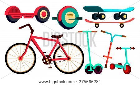 Wheeled Items Set Bicycle, Skateboard, Scooter Vector. Urdan Transport. Modern Gadget. Isolated Cart
