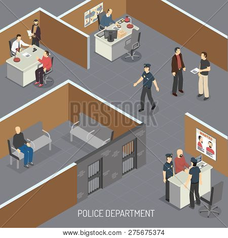 Police Department Interior Isometric Composition With Crime Suspect In Pretrial Provisional Detentio