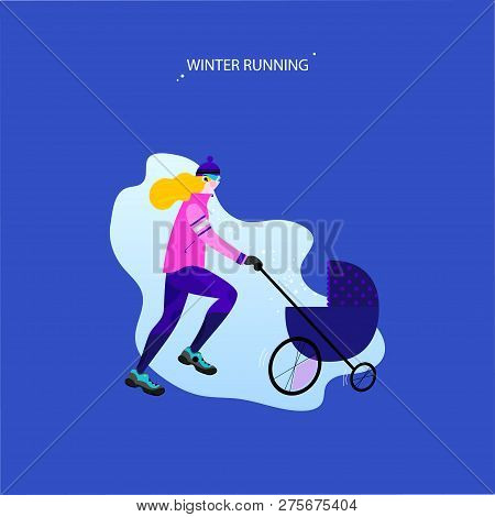 Winter Running And Motherhood Concept. Young Athletic Woman With Stroller Doing Jogging. Mom Is Runn