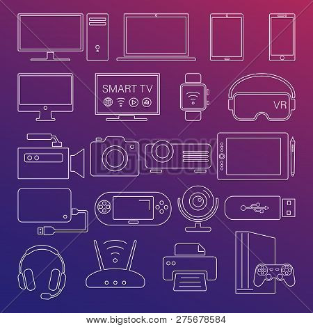 Digital Devices White Line Icons Isolated Set