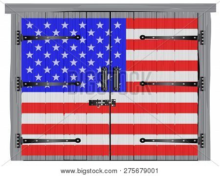 A Large Closed Old Hardwood Barn Double Door With Bolt And Hinges With The Stars And Stripes Painted