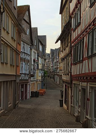 Wetzlar, Germany- September 05, 2018: Morning Landscape View Of Medieval Street In Historic Part Of 