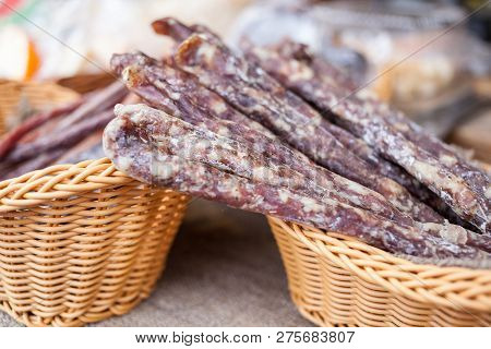 Traditional Sausage Is Dry In Market. Gastronomic Products For Gourme. Handmade
