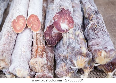 Traditional Sausage Is Dry In Market. Gastronomic Products For Gourme. French Dry Sausages