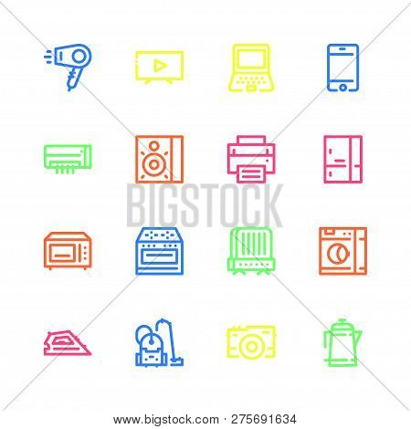 Icons Of Household Appliances Are Flat, Colored On A White Background, Tv, Stove, Oven, Hairdryer, K