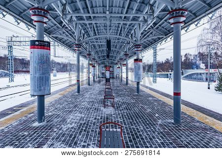 Moscow, Russia - December 25, 2018: Empty Railway Station Belokamennaya On Moscow Central Circle Or 