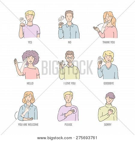 Deaf English Basic Words In Line Art Isolated On White Background.
