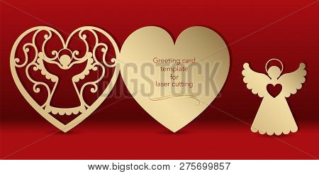 Gold Greeting Card With An Angel For Laser Cutting. Template Carving Pattern For Cards, Invitations 