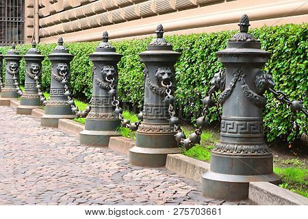 Fence With Lions And Chains Near Main Building Of The Saeima - Parliament Of The Republic Of Latvia 