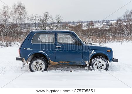 Moscow, Russia - December 25, 2018: Blue Russian Off-road Car Lada Niva 4x4 (vaz 2121 / 21214) Parke