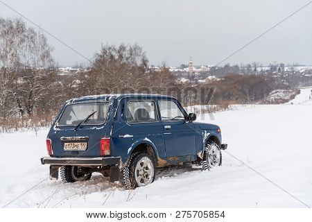 Moscow, Russia - December 25, 2018: Blue Russian Off-road Car Lada Niva 4x4 (vaz 2121 / 21214) Parke