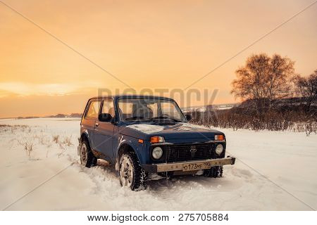 Moscow, Russia - December 25, 2018: Blue Russian Off-road Car Lada Niva 4x4 (vaz 2121 / 21214) Parke