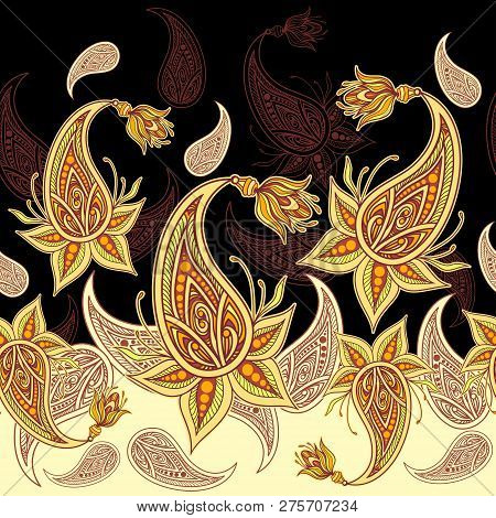 Seamless Border Pattern Or Texture With Paisley Beige Olive Orange Brown On Black  For Decoration Cl