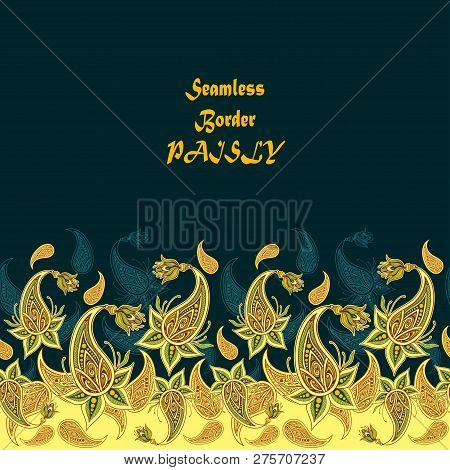 Seamless Border Pattern Or Texture With Paisley Yellow Olive Orange Brown On Dark Blue  For Decorati