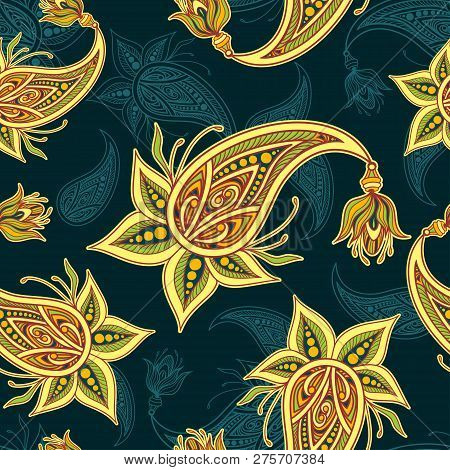 Seamless Pattern Or Texture With Paisley Yellow Olive Orange Brown On Dark Blue  For Decoration Clot