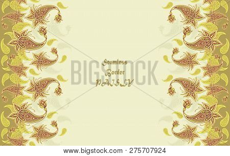Seamless Border Pattern Or Texture With Paisley Beige  Olive Orange Brown On Light For Decoration Cl