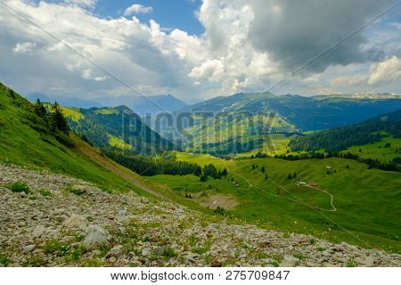 Summer time mountain nature panoramic landscape near Habkern, Switzerland